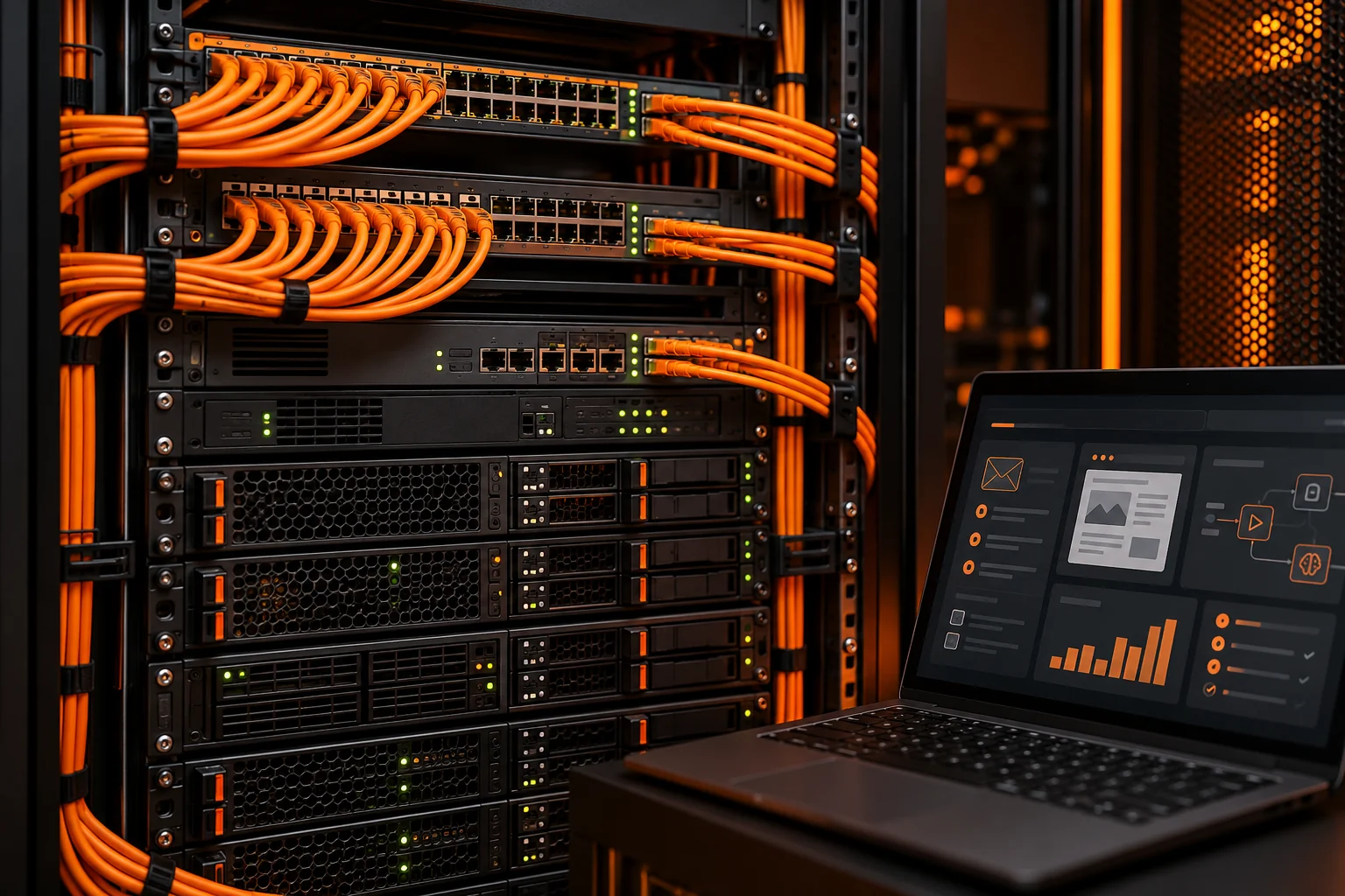 Black servers and network switches with organized orange Ethernet cables and a laptop
